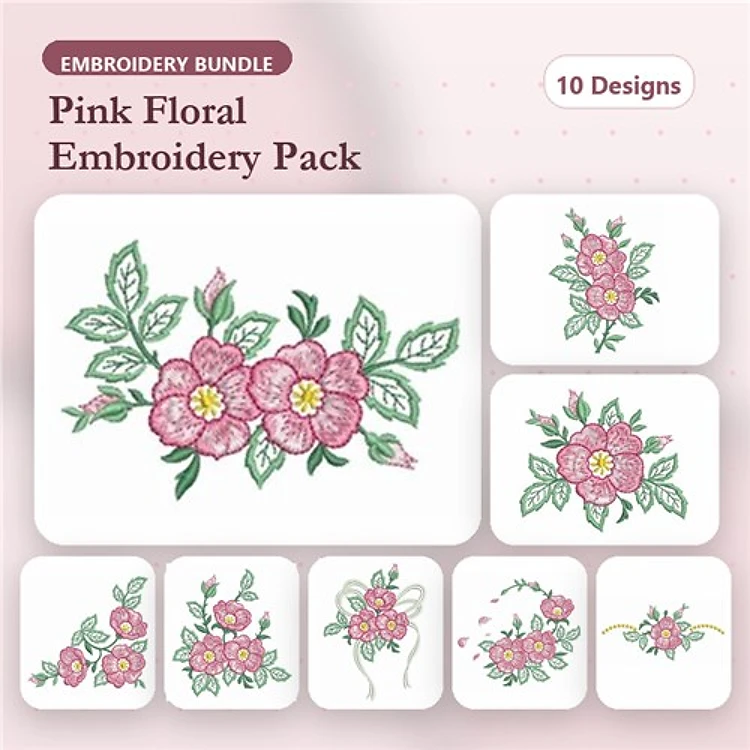 Pink Floral Embroidery Designs Bundle – Floral Heart, Sweet Pink Floral, Rose with Leaves & More (10 Designs)