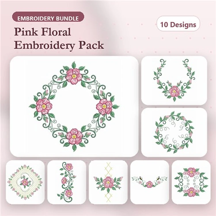 Pink Floral Embroidery Bundle – Floral Wreath, Floral Corner, Oval Floral Motif & More (10 Designs)