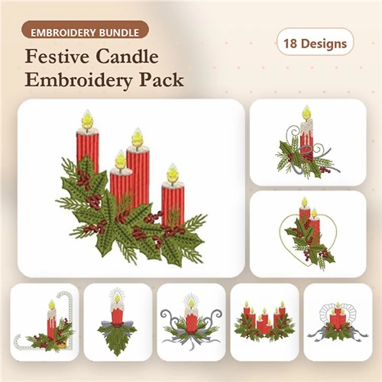 Festive Candles with Holly Embroidery Designs Bundle – Three Red Candles, Holly Wreath with Candle & More (18 Designs)