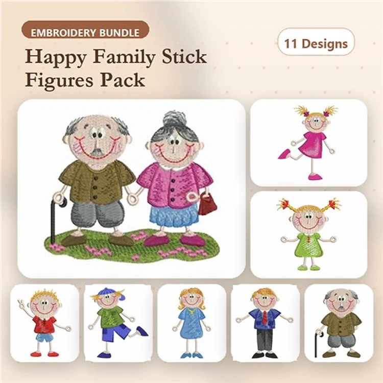 Happy Family Stick Figures Embroidery Designs Bundle – Grandfather, Grandmother, Boy & Girl (11 Designs)