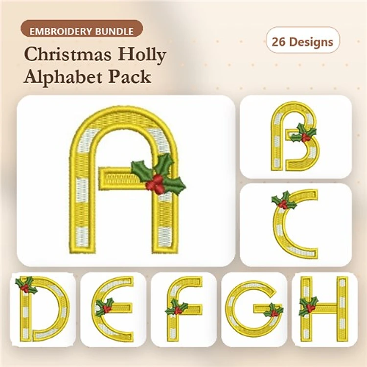 Christmas Holly Alphabet Embroidery Designs Bundle – Holly Letter A, B, C & More (26 Designs)