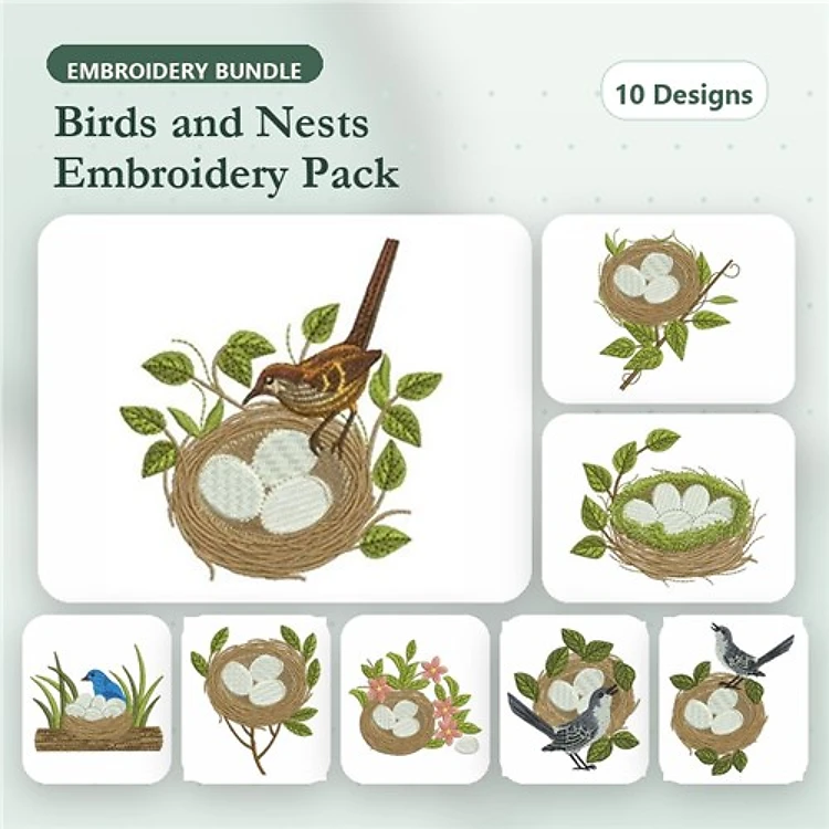 Bird Nest Embroidery Bundle – Birds on Branch, Nest with Eggs, Robin Nest with Flowers & More (10 Designs)
