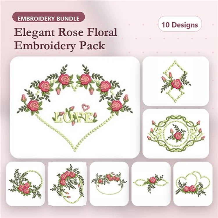 Floral Rose Embroidery Designs Bundle – Wreath, Heart, Vine, & More (10 Designs)