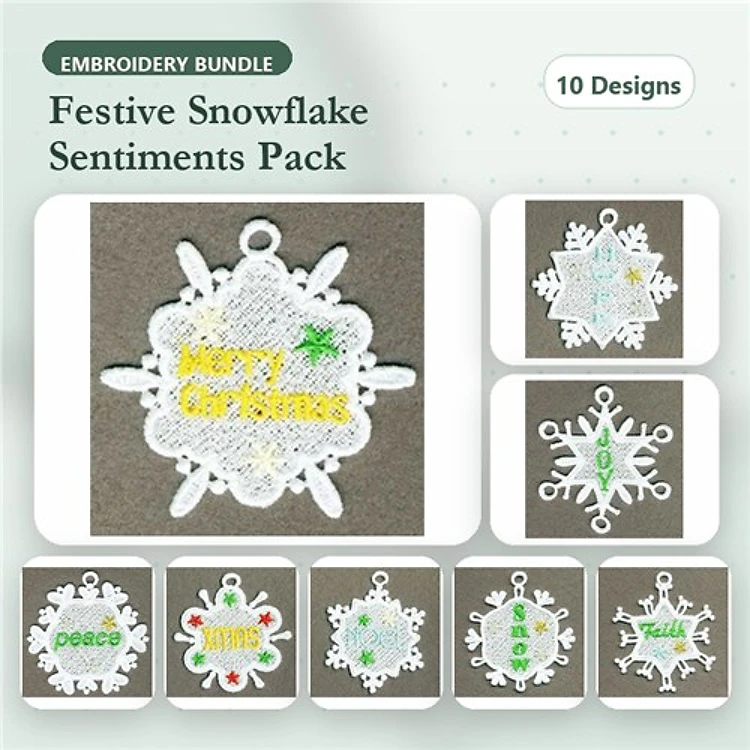 FSL Festive Snowflake Embroidery Designs Bundle – Merry Christmas, Let It Snow, Peace, Joy & More (10 Designs)