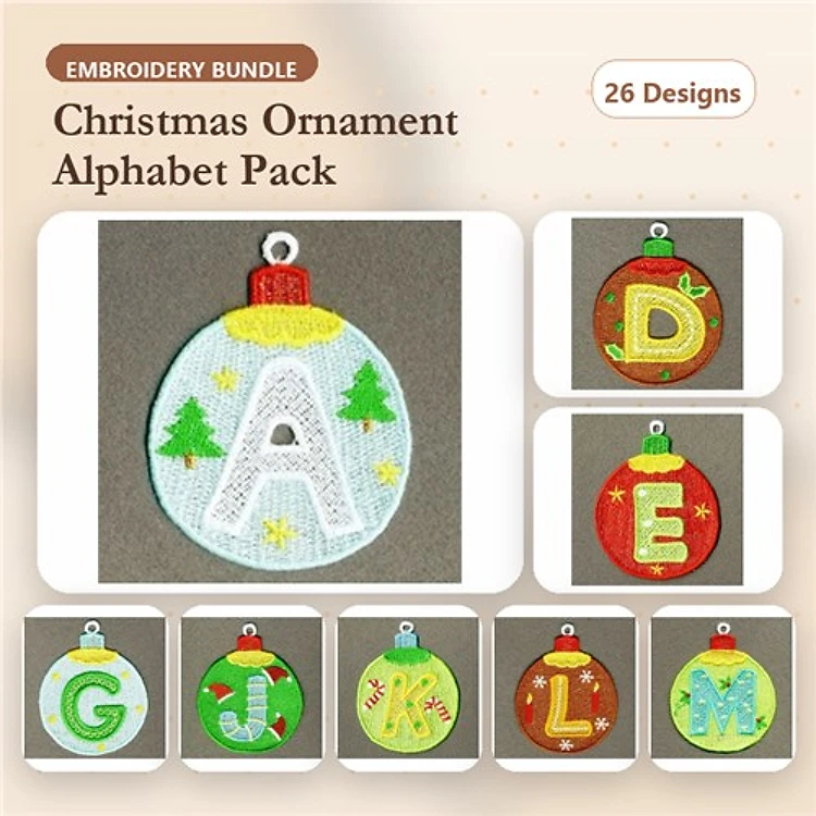 FSL Christmas Ornament Embroidery Designs Bundle – A, B, C, D, E & More (26 Designs)