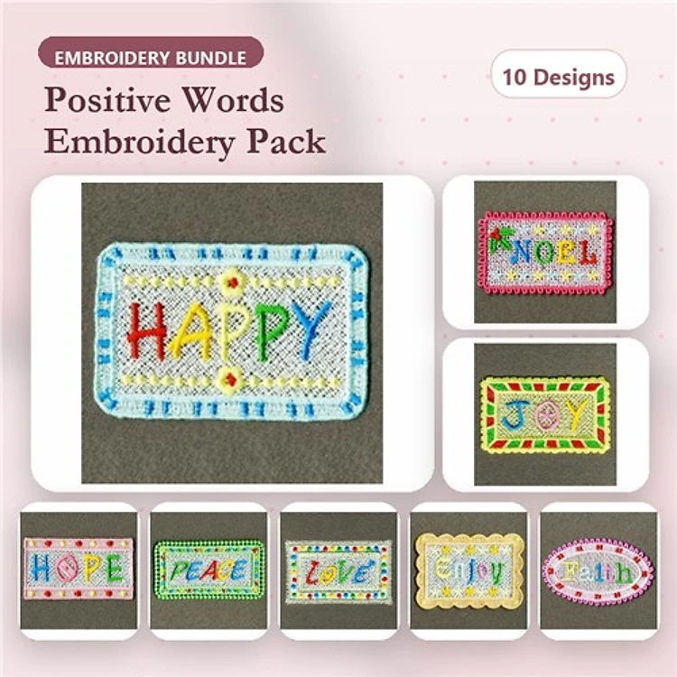 FSL Positive Words Embroidery Designs Bundle – Happy, Joy, Noel & More (10 Designs)