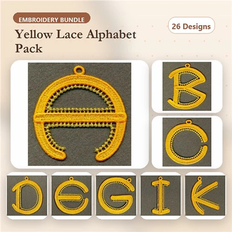 FSL Yellow Lace Alphabet Embroidery Bundle – Lace Letters A-K (26 Designs)