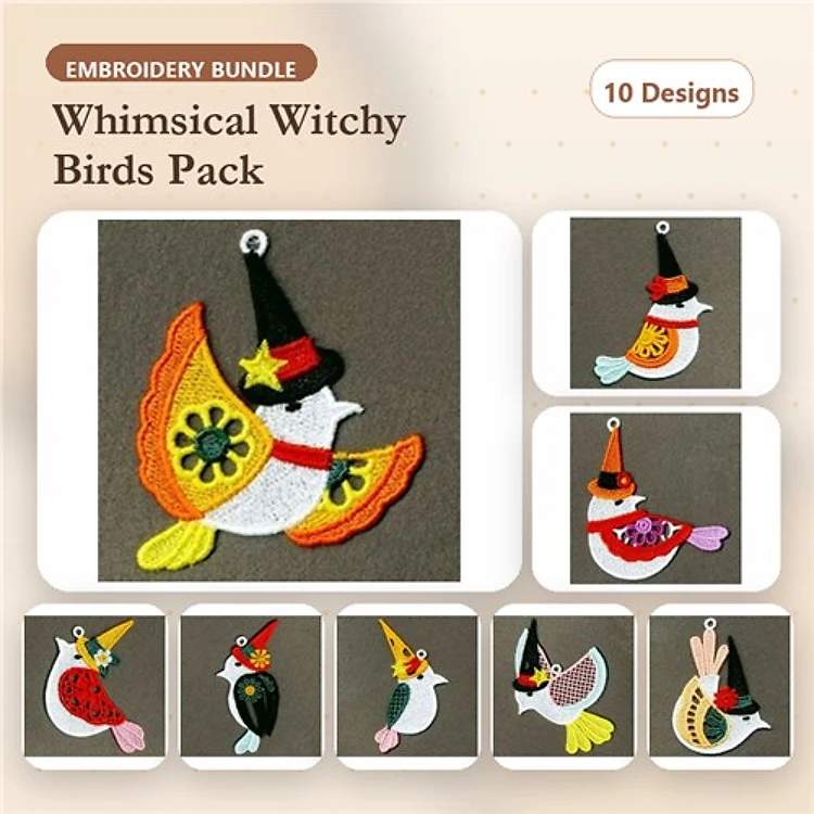 FSL Witchy Birds Embroidery Designs Bundle – Costume Accessories, Red Hat, Green & Yellow & More (10 Designs)