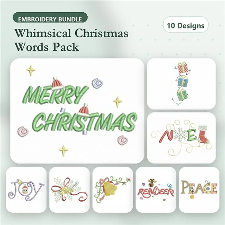 Christmas Words Embroidery Designs Bundle – Merry Christmas, Joy, Peace, Noel & More (10 Designs)