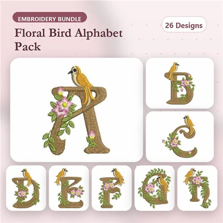 Floral Bird Alphabet Embroidery Bundle – Floral Letter A, B, C, D & More (26 Designs)