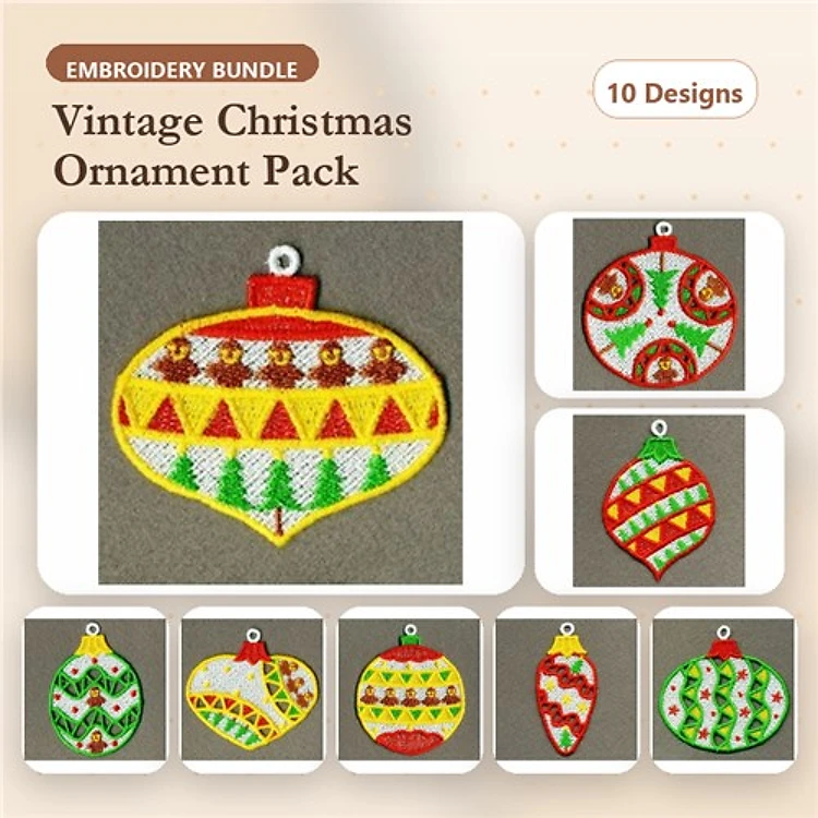 FSL Vintage Christmas Ornament Embroidery Designs Bundle – Trees, Triangles, Stripes & More (10 Designs)