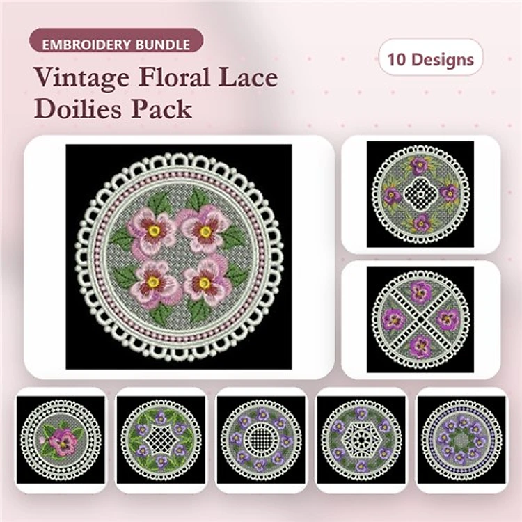 FSL Floral Lace Embellishments Bundle – Vintage Floral Doilies, Circular Lace Doily, & More (10 Designs)