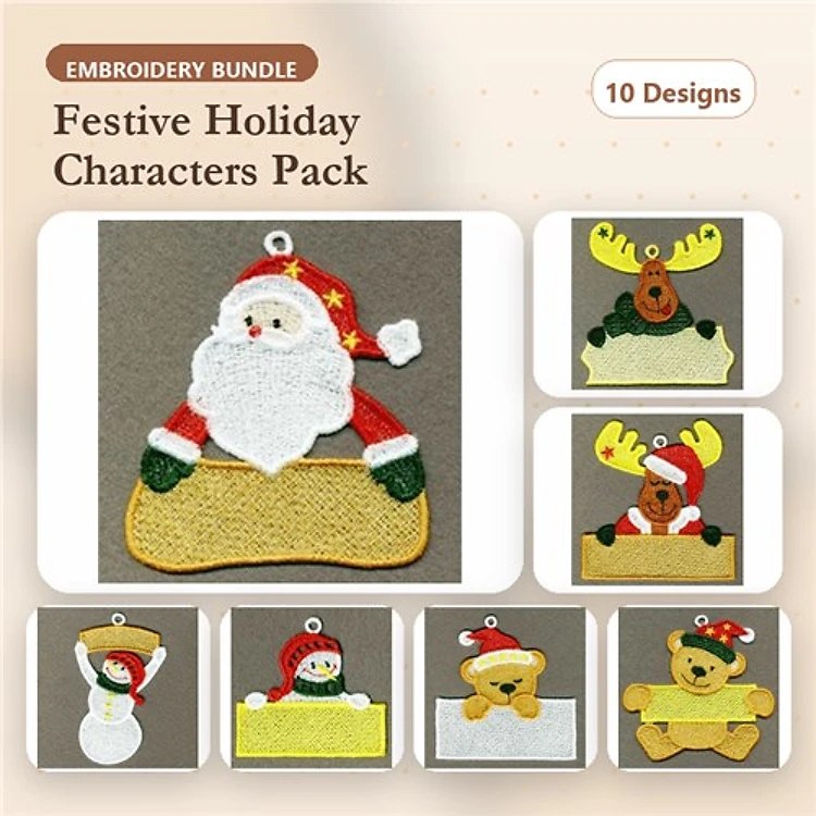 FSL Festive Holiday Characters Embroidery Designs Bundle – Santa, Snowman, Reindeer & More (10 Designs)