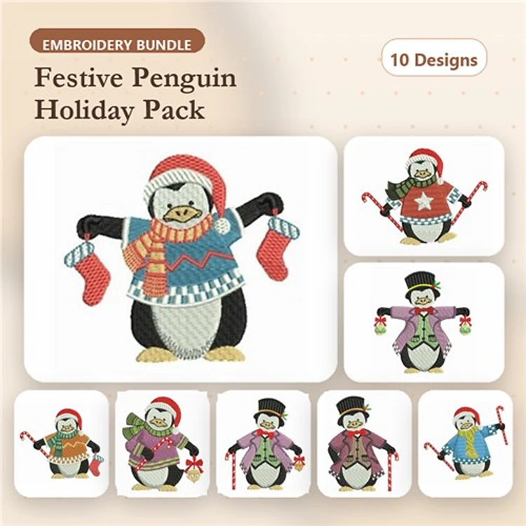 Festive Penguin Holiday Embroidery Designs Bundle – Penguin with Mittens, Penguin in Sweater & More (10 Designs)