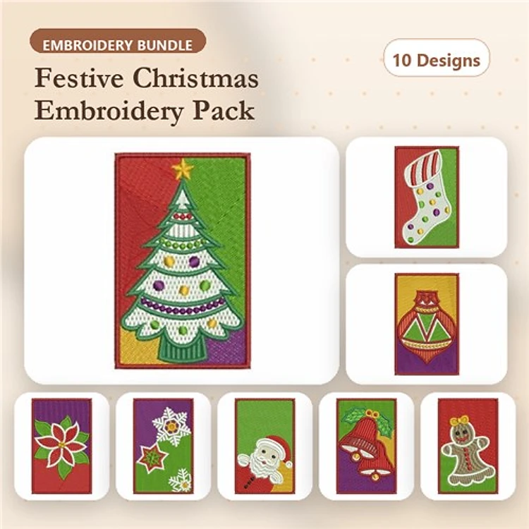 Festive Christmas Embroidery Designs Bundle – Christmas Tree, Santa, Stocking & More (10 Designs)