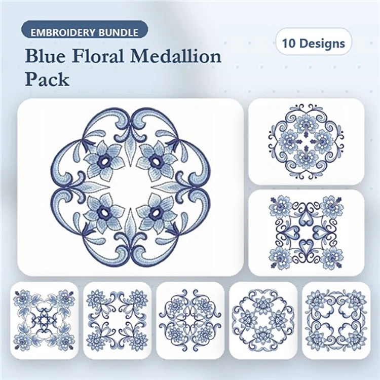 Redwork Blue Floral Embroidery Bundle – Floral Medallions, Ornate Embellishments, Decorative Frames & More (10 Designs)