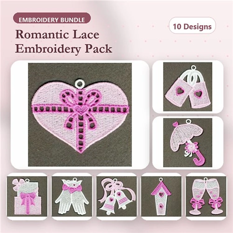FSL Romantic Lace Embroidery Bundle – Heart with Bow, Umbrella, Wine Glasses & More (10 Designs)
