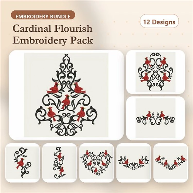 Cardinal Flourish Embroidery Bundle – Cardinal Flourish Tree, Heart, Wreath & More (12 Designs)