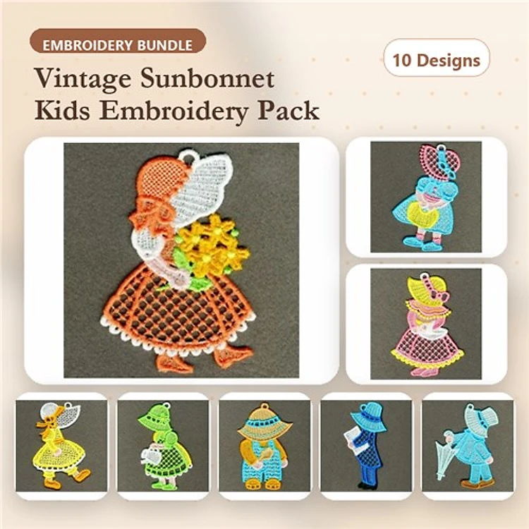 FSL Vintage Sunbonnet Kids Embroidery Designs Bundle – Sunbonnet Girl with Flowers, Sunbonnet Boy with Book & More (10 Designs)