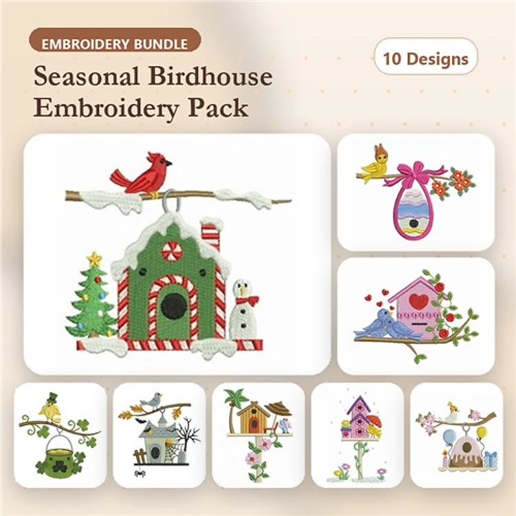 Seasonal Birdhouses Embroidery Bundle – Cardinal, Gingerbread, Snowman & More (10 Designs)