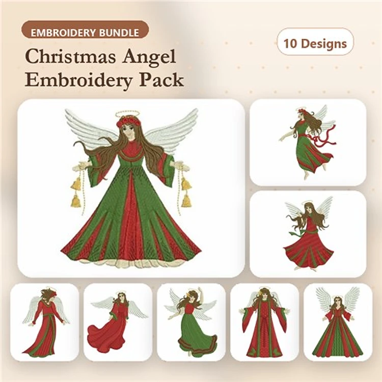 Christmas Angel Embroidery Designs Bundle – Elegant Angel, Decorative Angel, Flowing Robes & More (10 Designs)