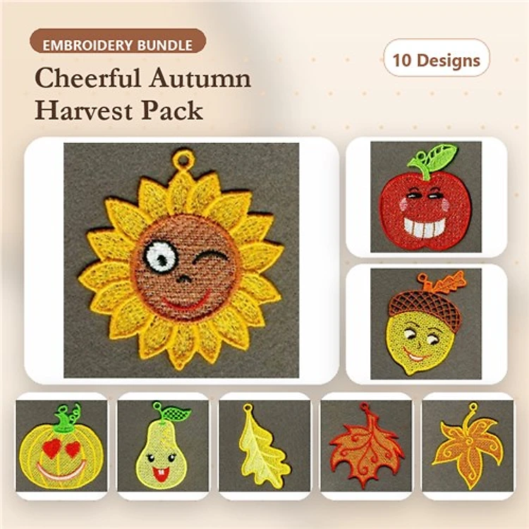 FSL Autumn Charm Embroidery Designs Bundle – Sunflower, Apple, Acorn & More (10 Designs)