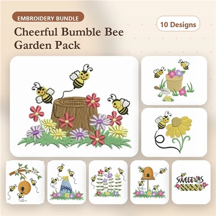 Cheerful Bumble Bees & Garden Embroidery Bundle – Bumble Bee on Flowers, Flower Pot with Bees, & More (10 Designs)