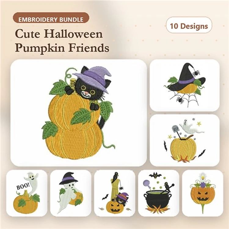 Halloween Embroidery Designs Bundle – Cat with Pumpkin, Ghost with Pumpkin, Spider on Pumpkin & More (10 Designs)
