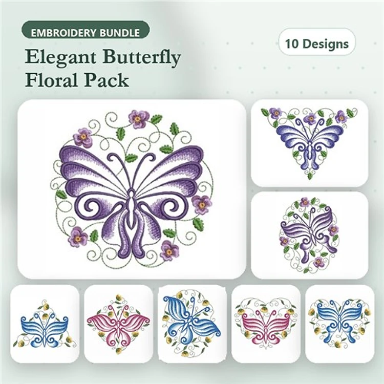 Elegant Butterfly Floral Embroidery Designs Bundle – Charming Butterfly with Vines, Blue Butterfly with Floral Swirls, & More (10 Designs)
