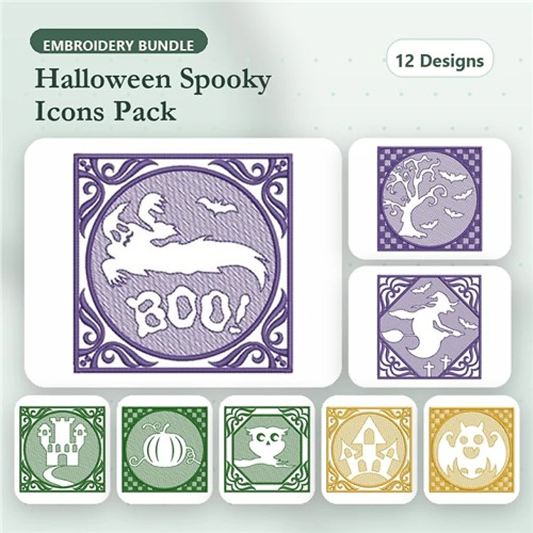 Halloween Spooky Icons Embroidery Designs Bundle – Witch Silhouette, Ghost with Boo, Pumpkin & More (12 Designs)