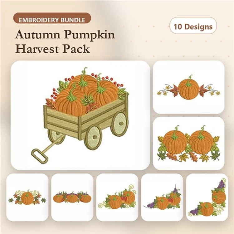 Autumn Pumpkins Embroidery Designs Bundle – Pumpkin Cart, Pumpkin Garland, Harvest Pumpkins & More (10 Designs)