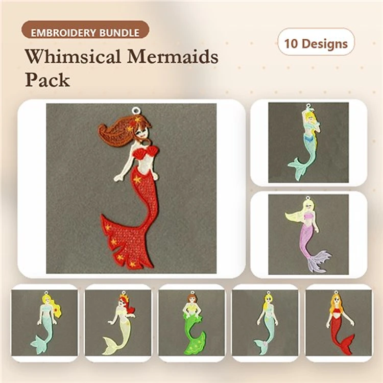 FSL Mermaid Embroidery Designs Bundle – Red-haired, Blonde, Green Mermaid & More (10 Designs)