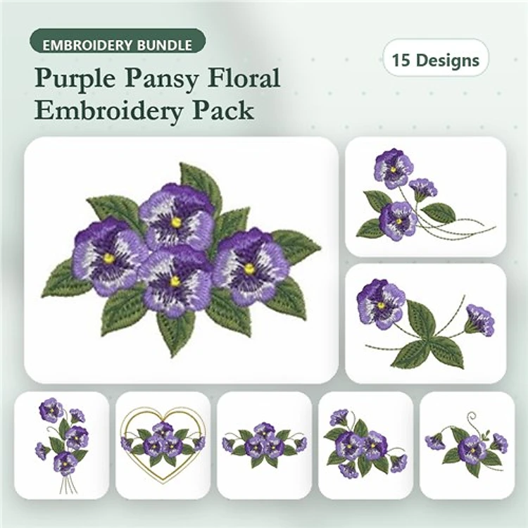 Purple Pansy Floral Embroidery Bundle – Bouquet, Single Bloom, Cluster & More (15 Designs)