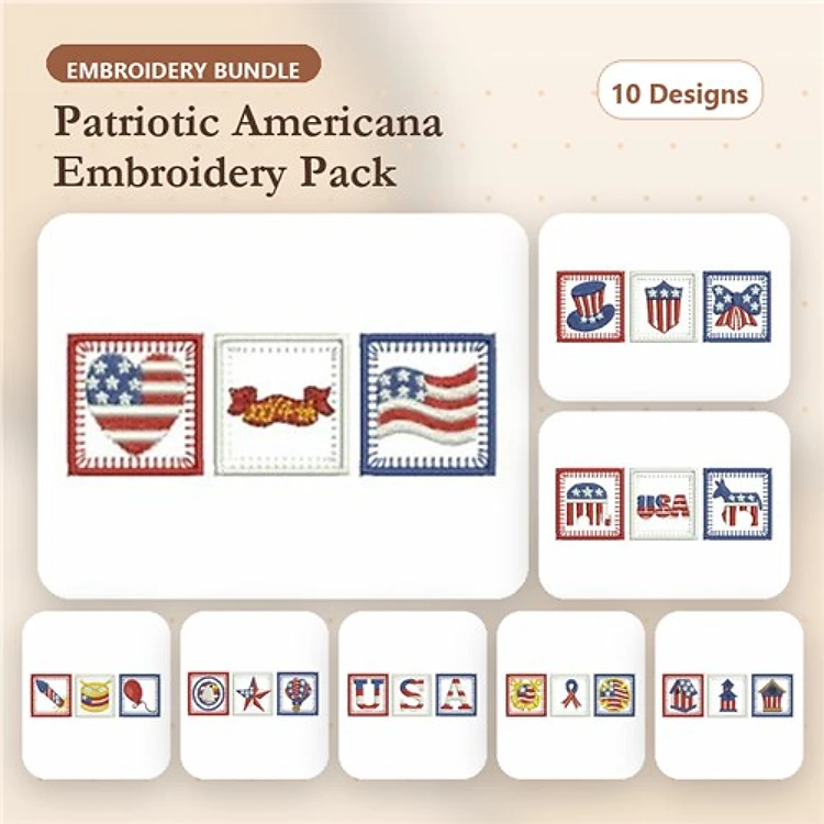 Patriotic Americana Embroidery Designs Bundle – American Flag Heart, USA Banner, Star and Stripes Square & More (10 Designs)