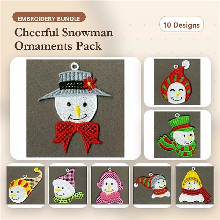 FSL Cheerful Snowman Ornaments Embroidery Designs Bundle – Snowman with Hat and Scarf, Snowman Face, Snowman with Red Hat & More (10 Designs)