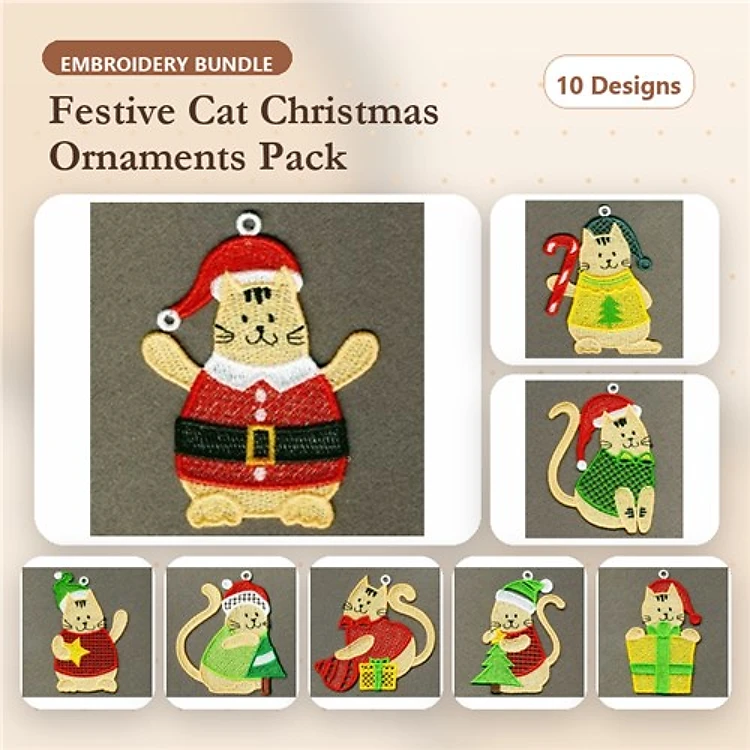 FSL Festive Cat Ornaments Embroidery Designs Bundle – Santa Cat, Christmas Tree Cat, Gift Cat & More (10 Designs)