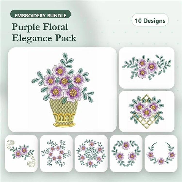 Floral Embellishments Embroidery Bundle – Flower Basket, Floral Arrangement with Vines, & More (10 Designs)