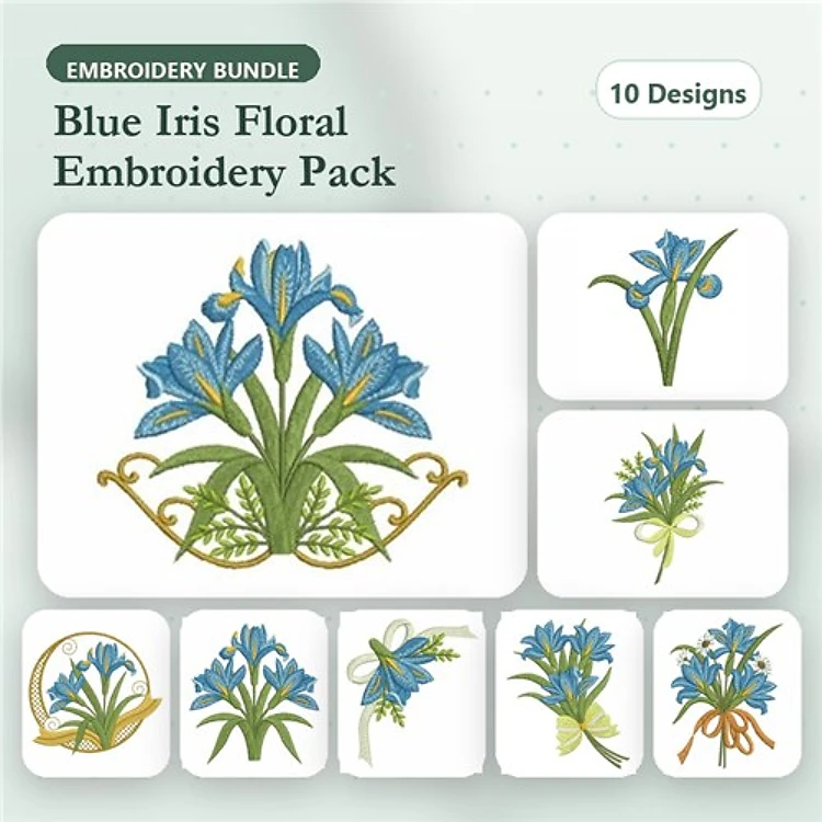 Blue Iris Floral Embroidery Bundle – Floral Arrangement, Single Blue Iris, Iris Bouquet & More (10 Designs)