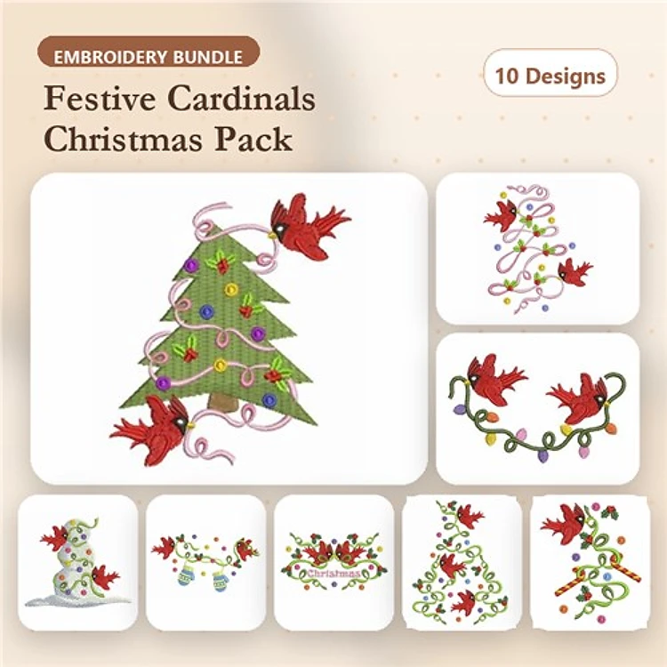 Festive Cardinals & Christmas Decor Embroidery Designs Bundle – Christmas Tree with Cardinals, Cardinal with Holiday Lights, & More (10 Designs)
