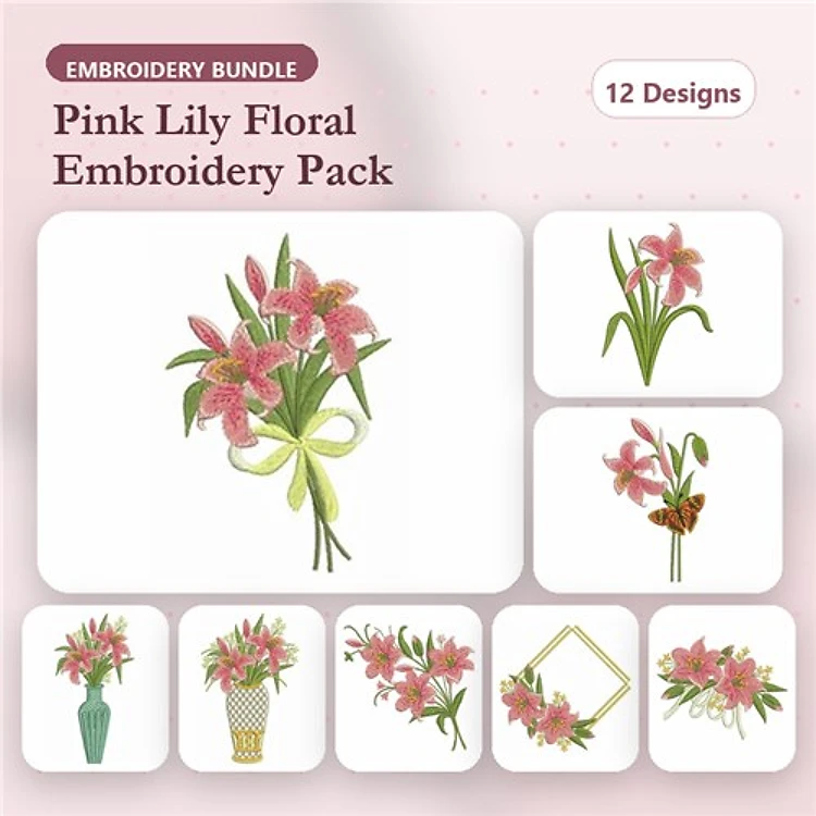 Pink Lily Floral Embroidery Bundle – Bouquet, Corner Embellishment, Wreath & More (12 Designs)