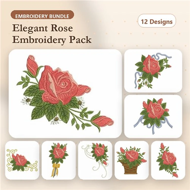 Elegant Rose Embroidery Designs Bundle – Single Rose, Rose Basket, Bouquet of Roses & More (12 Designs)