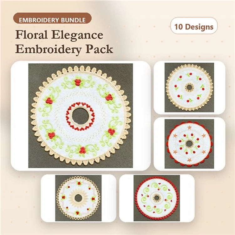 FSL Floral Embellishments Embroidery Designs Bundle – Round Doily, Lace Details & More (10 Designs)