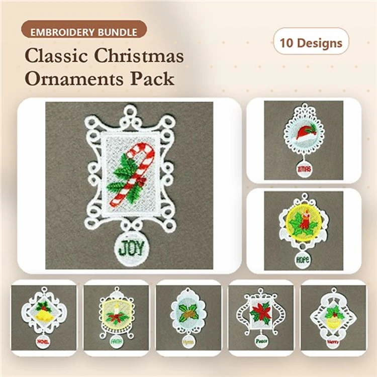 FSL Christmas Ornament Embroidery Designs Bundle – Candy Cane, Joy, Wreath & More (10 Designs)