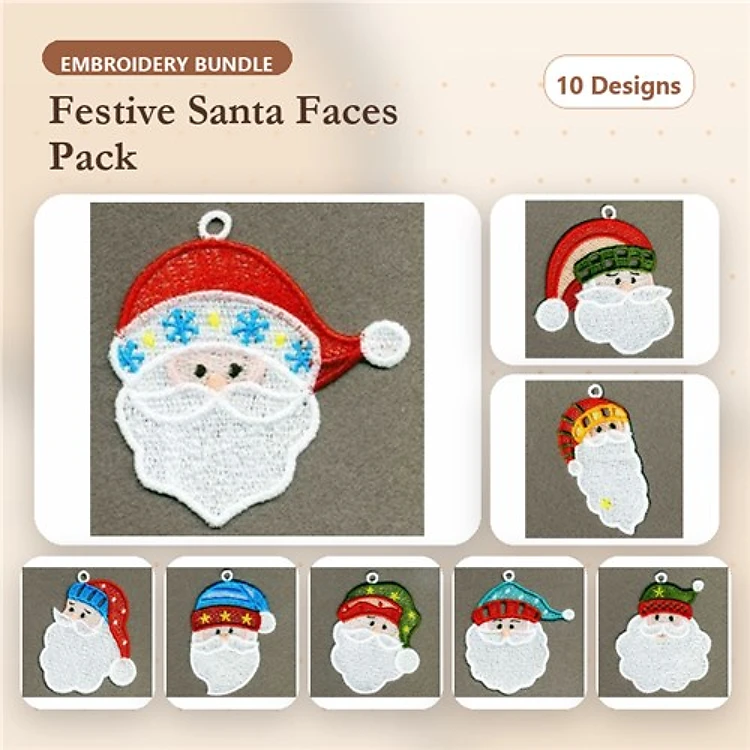 FSL Santa Faces Embroidery Bundle – Blue Hat, Red Hat, Snowflakes & More (10 Designs)