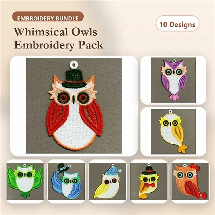 FSL Whimsical Owl Embroidery Bundle – Owl with Hat, Owl with Bow, Owl with Glasses & More (10 Designs)