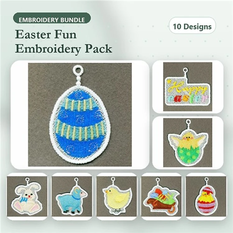 FSL Easter Embroidery Designs Bundle – Easter Egg Ornament, Bunny Ornament, Chick Ornament & More (10 Designs)