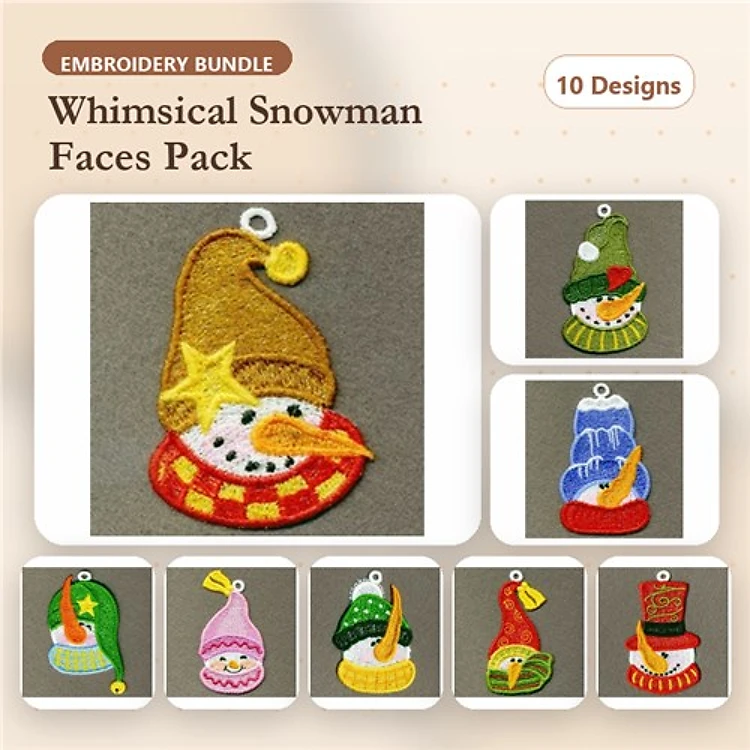 FSL Snowman Faces Embroidery Designs Bundle – Snowman Face with Hat, Snowman Face with Scarf & More (10 Designs)