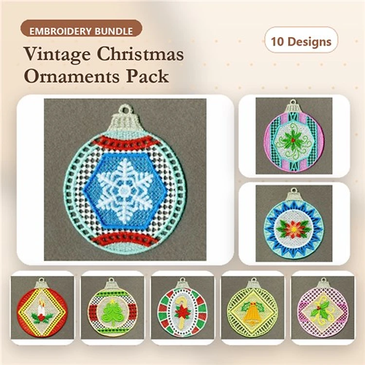 FSL Vintage Christmas Ornaments Embroidery Designs Bundle – Snowflake, Christmas Tree, Holly & More (10 Designs)