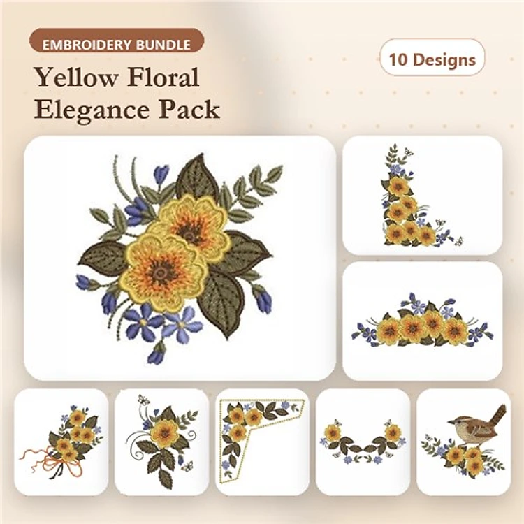 Floral Embellishment Embroidery Designs Bundle – Yellow Flowers, Bird on Branch, Corner Arrangement & More (10 Designs)
