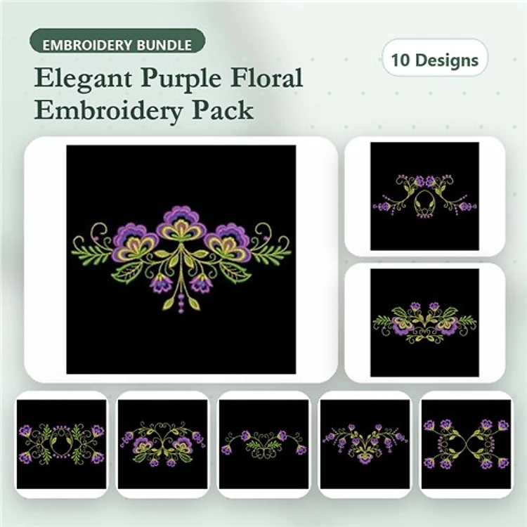 Elegant Purple Floral Embroidery Bundle – Floral Decoration, Ornate Arrangement, Skull & More (10 Designs)